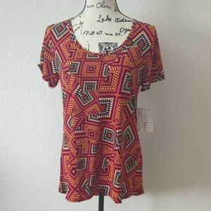 LuLaRoe S Short Sleeve Classic Tee in Red, Black, Yellow Geometric Print